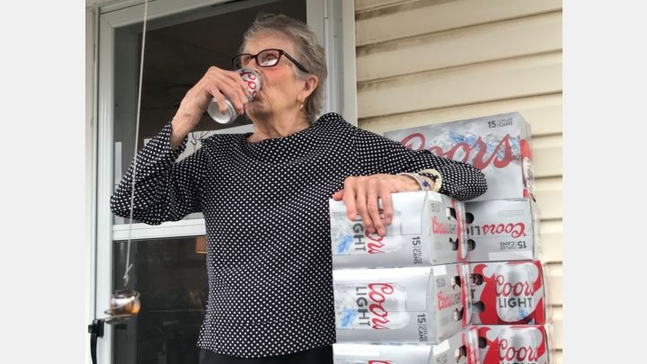 Photo: 93-year-old lady in lockdown: I need more beer!